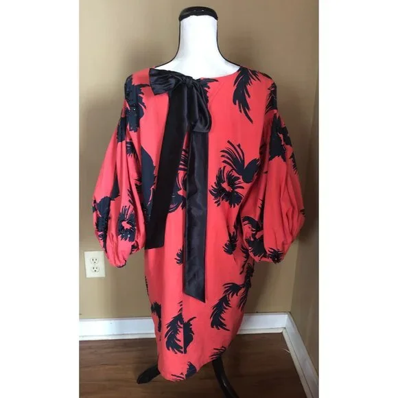 Atsu Anthropologie red black beaded floral puff statement sleeve shift dress - Picture 6 of 7